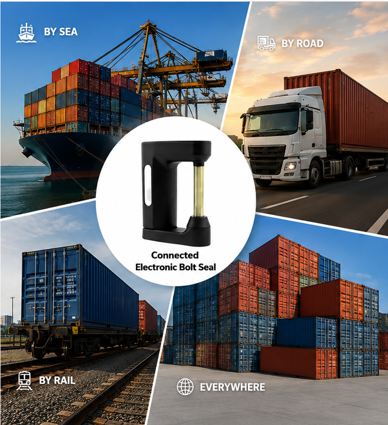 Connected electronic bolt seal used across sea, road, rail and container-yard operations