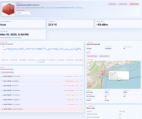 Eye-Seal® platform dashboard interface showing cargo, temperature, signal strength, event history and map context