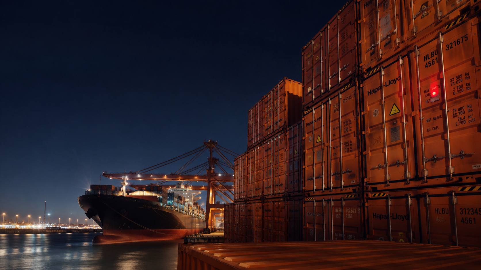 Container ship at port with stacked cargo containers and terminal cranes